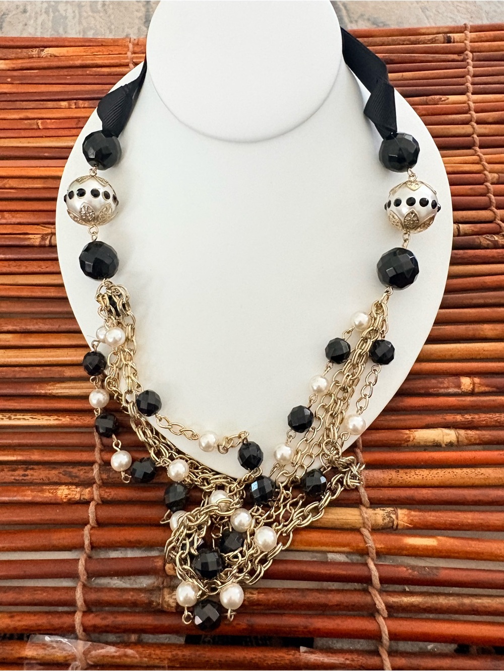 Gold Chain Multi-Strand Necklace with Black Beads & Pearls 33”-36”